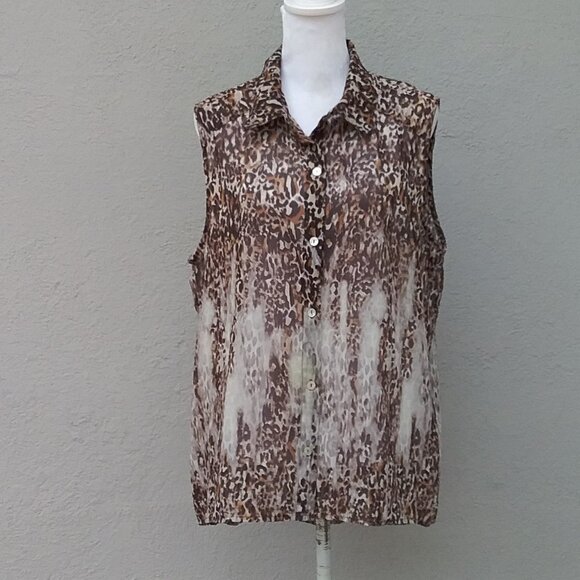 Chico's Woman's Blouse Size Large Beige Brown Transitional Animal Print Sheer - Picture 1 of 6